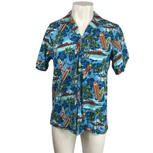 RJC Hawaiian Surfboard Palm Tree Print Button Up Shirt Men's Medium Blue